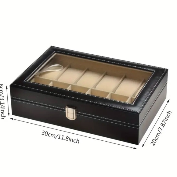 NEW 12Compartment Watch Storage Box-Glass Lid &Metal Clasp - Picture 2 of 8